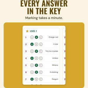 The level 1 answer key with the right letter filled in and answers such as Orange-red and A star, under the headline Every answer in the key.