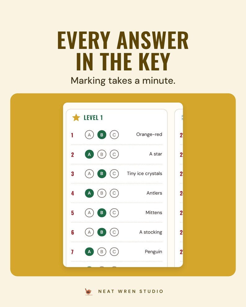 The level 1 answer key with the right letter filled in and answers such as Orange-red and A star, under the headline Every answer in the key.