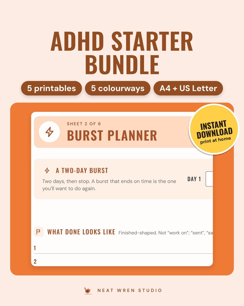 ADHD Planner Bundle Printable: main listing photo showing the product with an 'Instant download' badge. Digital product from Neat Wren Studio.