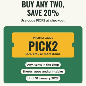 Promo card: buy any two or more items from Neat Wren Studio and use code PICK2 at checkout for 20% off, until 31 January 2027.