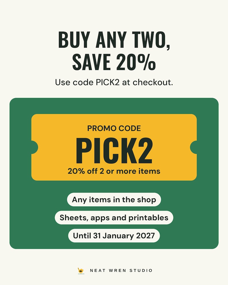 Promo card: buy any two or more items from Neat Wren Studio and use code PICK2 at checkout for 20% off, until 31 January 2027.