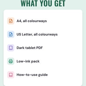 A white card under the headline What you get: A4, all colourways; US Letter, all colourways; dark tablet PDF; low-ink pack; and how-to-use guide.