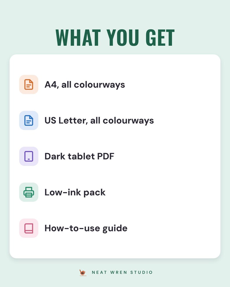 A white card under the headline What you get: A4, all colourways; US Letter, all colourways; dark tablet PDF; low-ink pack; and how-to-use guide.