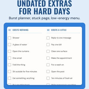 The low-energy menu with costs nothing and costs a little columns, under the headline Undated extras for hard days, burst planner, stuck page and low-energy menu.
