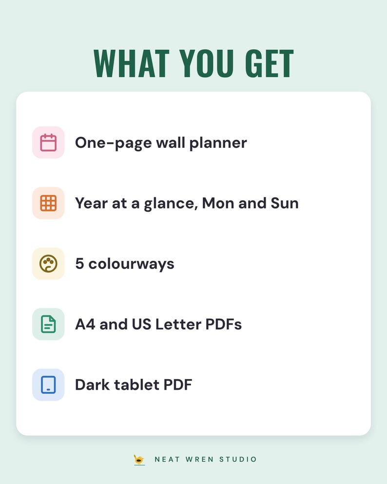 A white card under the headline What you get: a one-page wall planner, year at a glance with Monday and Sunday starts, 5 colourways, A4 and US Letter PDFs and a dark tablet PDF.