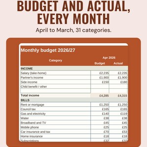 The monthly budget 2026/27 tab with budget and actual for each income and bill category, under the headline Budget and actual, every month, April to March, 31 categories.