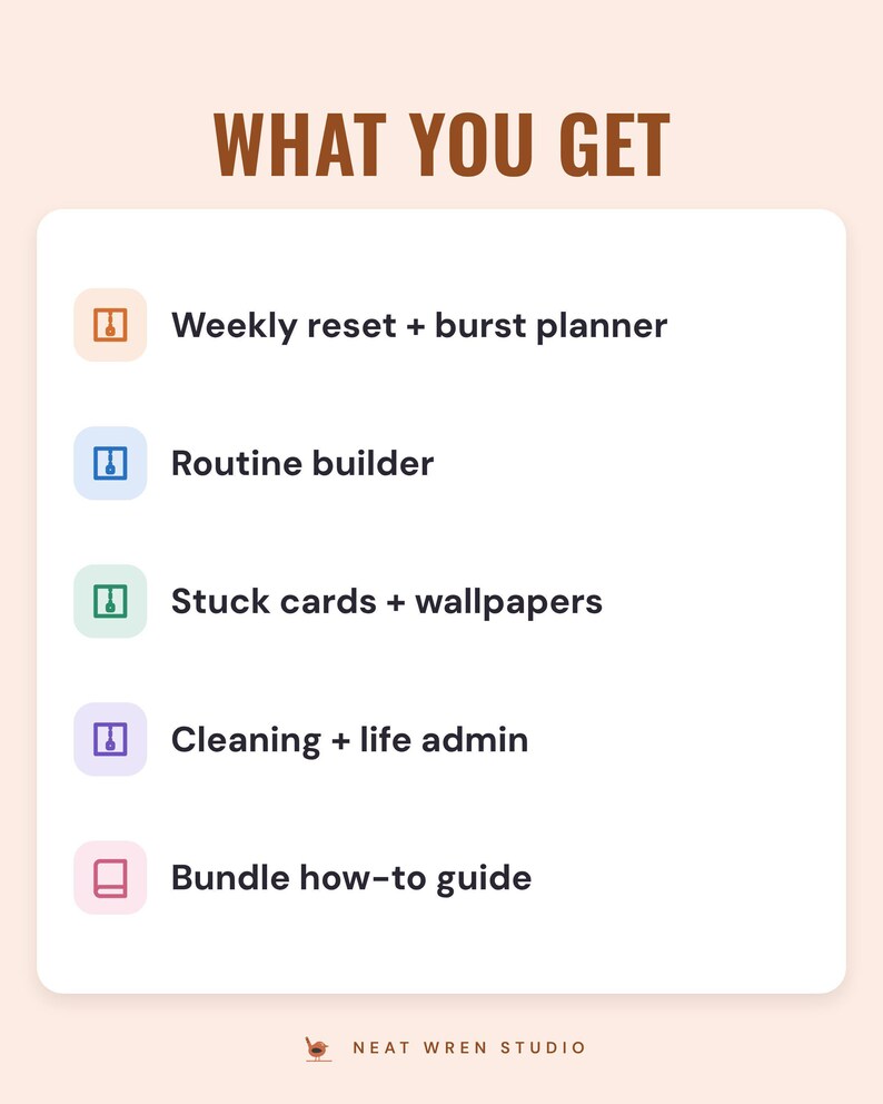 A white card under the headline What you get: weekly reset + burst planner, routine builder, stuck cards + wallpapers, cleaning + life admin and bundle how-to guide.