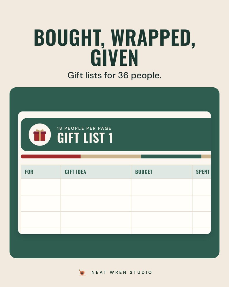 A Christmas gift list page with columns for who it is for, gift idea, budget and spent, under the headline Bought, wrapped, given.