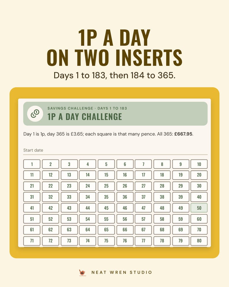The first of two A6 1p a day inserts in the Earthy colourway, days 1 to 183 as numbered squares.