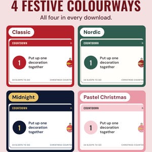 The day 1 countdown card, put up one decoration together, in four colourways, Classic, Nordic, Midnight and Pastel Christmas, under the headline 4 festive colourways.