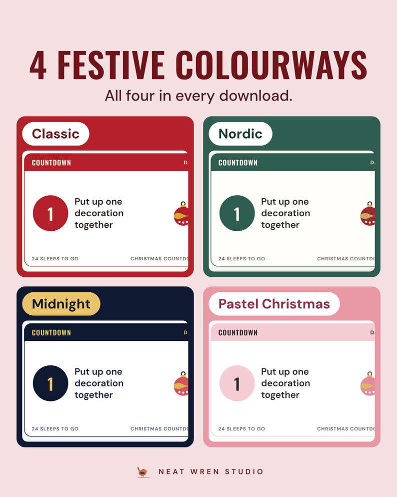 The day 1 countdown card, put up one decoration together, in four colourways, Classic, Nordic, Midnight and Pastel Christmas, under the headline 4 festive colourways.