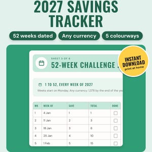 2027 Savings Tracker Printable: main listing photo showing the product with an 'Instant download' badge. Digital product from Neat Wren Studio.