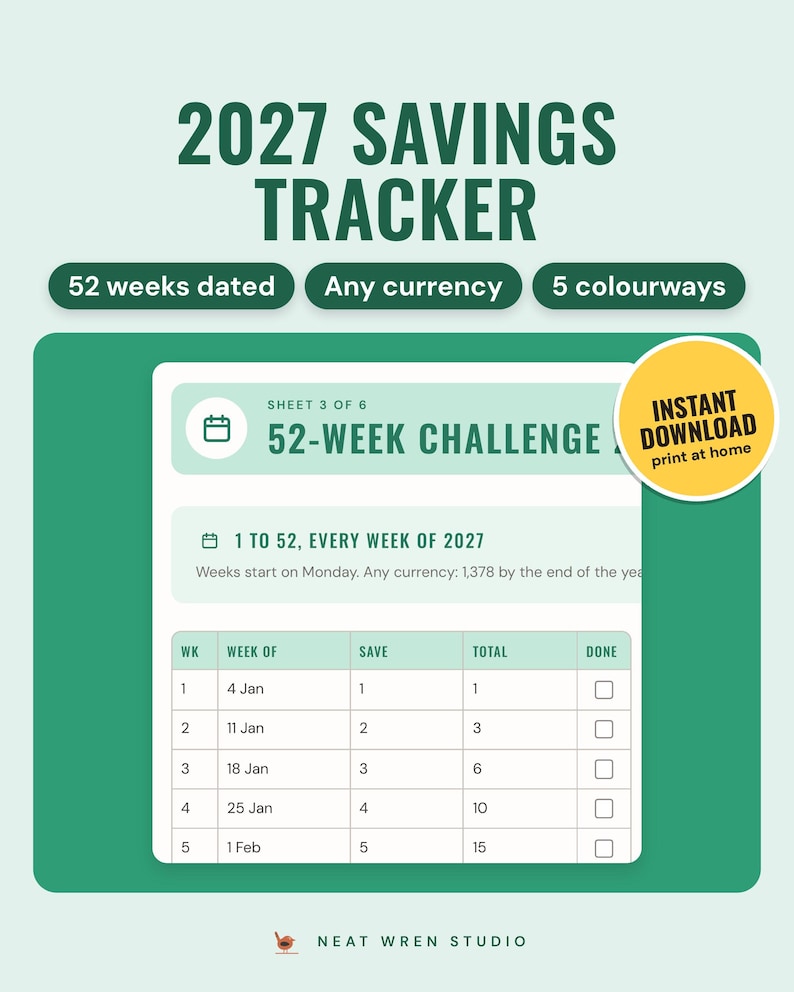 2027 Savings Tracker Printable: main listing photo showing the product with an 'Instant download' badge. Digital product from Neat Wren Studio.