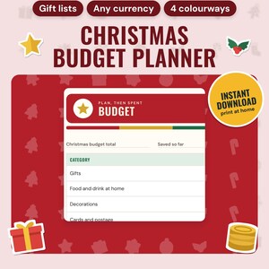 Christmas Budget Planner Printable: main listing photo showing the product with an 'Instant download' badge and flat star, holly, present and coins icons. Digital product from Neat Wren Studio.