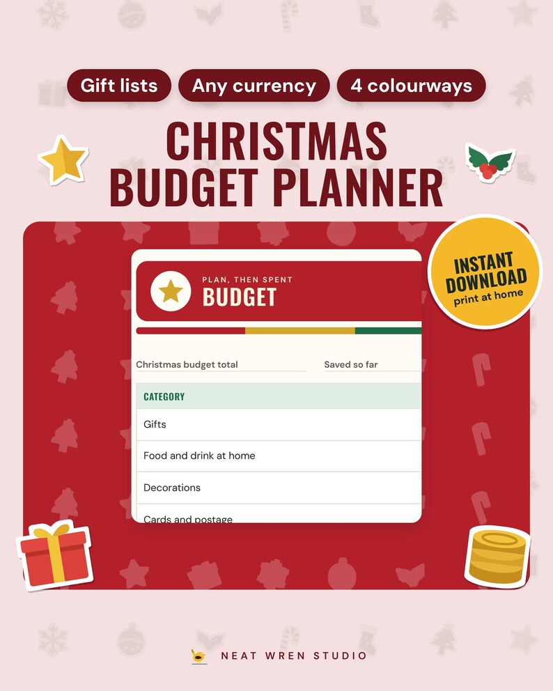 Christmas Budget Planner Printable: main listing photo showing the product with an 'Instant download' badge and flat star, holly, present and coins icons. Digital product from Neat Wren Studio.