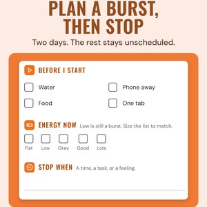 The burst planner's Before I start checklist, an energy now scale from flat to lots, and a stop when line, under the headline Plan a burst, then stop.