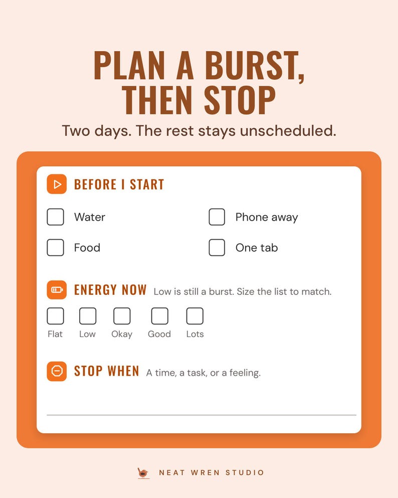 The burst planner's Before I start checklist, an energy now scale from flat to lots, and a stop when line, under the headline Plan a burst, then stop.