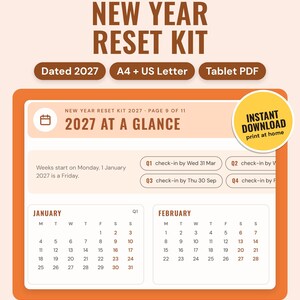 New Year reset kit for 2027: the 2027 at a glance page with January and February calendars and quarter check-in dates, on an orange background.