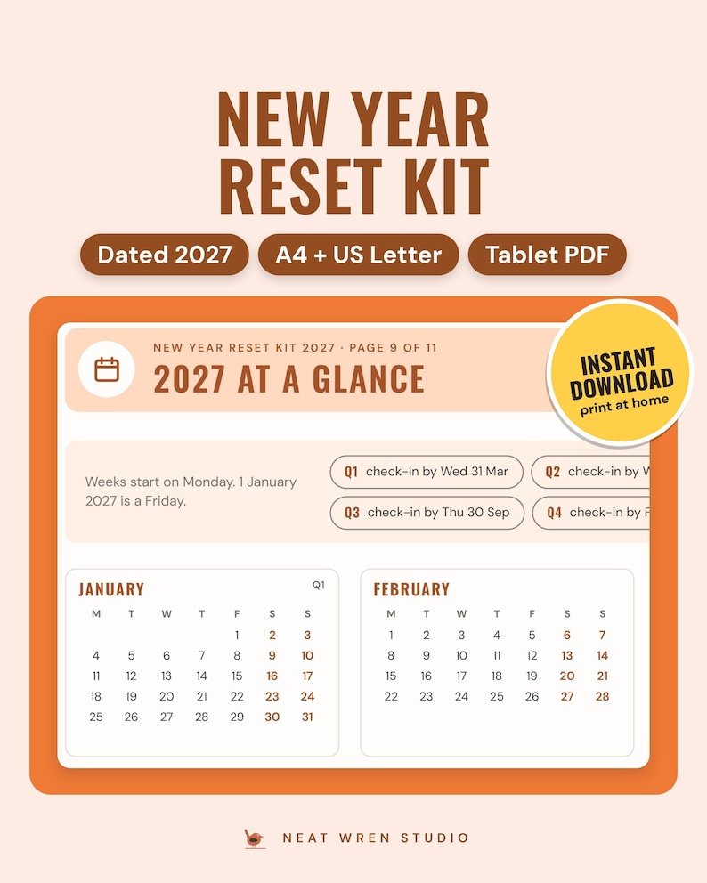 New Year reset kit for 2027: the 2027 at a glance page with January and February calendars and quarter check-in dates, on an orange background.