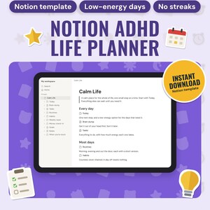 Notion ADHD Life Planner Template | Today Dashboard, Brain Dump, Tasks by Energy, Routines, Habit Tracker With No Streaks, Weekly Reset