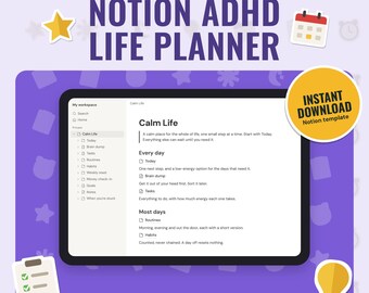 Notion ADHD Life Planner Template | Today Dashboard, Brain Dump, Tasks by Energy, Routines, Habit Tracker With No Streaks, Weekly Reset