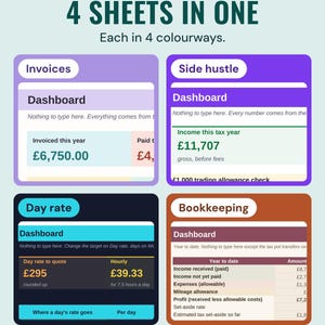 The dashboards of the four spreadsheets, invoices, side hustle, day rate and bookkeeping, under the headline 4 sheets in one, each in 4 colourways.