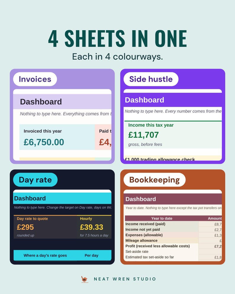The dashboards of the four spreadsheets, invoices, side hustle, day rate and bookkeeping, under the headline 4 sheets in one, each in 4 colourways.