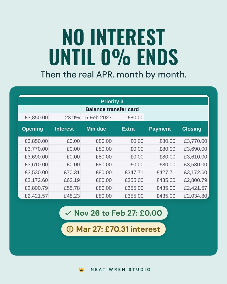Schedule rows for a balance transfer card showing £0.00 interest from November to February, then £70.31 interest in March once the 0% deal ends.