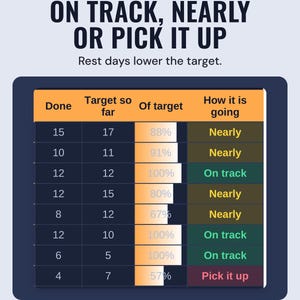 A table of habit ticks done against the target so far, each marked on track, nearly or pick it up, under the headline On track, nearly or pick it up.