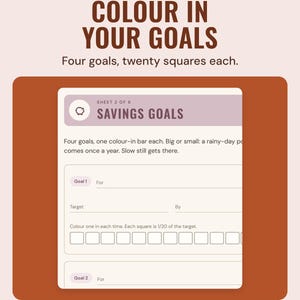 The savings goals page with a row of twenty squares to colour in for each goal, under the headline Colour in your goals, and the line Four goals, twenty squares each.