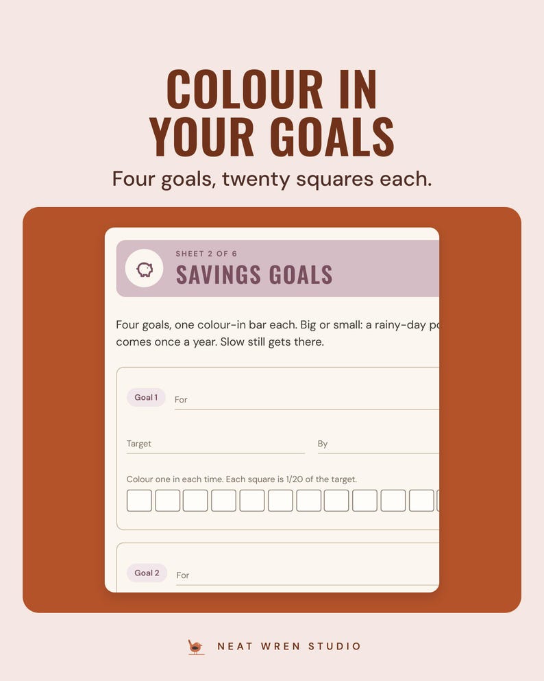The savings goals page with a row of twenty squares to colour in for each goal, under the headline Colour in your goals, and the line Four goals, twenty squares each.