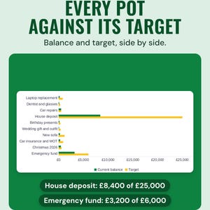 A bar chart comparing each savings pot's current balance with its target, such as a house deposit at £8,400 of £25,000.
