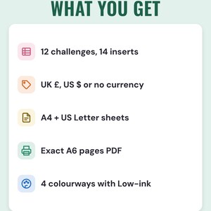 What you get: 12 challenges on 14 inserts, UK pounds, US dollars or no currency, A4 and US Letter sheets, an exact A6 pages PDF, 4 colourways with low-ink.