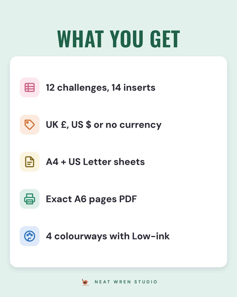 What you get: 12 challenges on 14 inserts, UK pounds, US dollars or no currency, A4 and US Letter sheets, an exact A6 pages PDF, 4 colourways with low-ink.