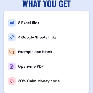 What you get: 8 Excel files, 4 Google Sheets links, example and blank, Open-me PDF, 30% Calm Money code