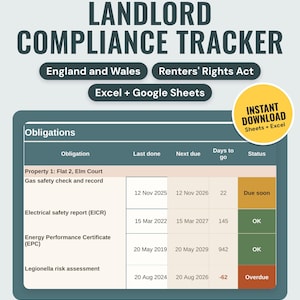 UK Landlord Compliance Tracker | Gas Safety, EICR, EPC, Deposit and Renters' Rights Act Dates (Google Sheets & Excel)