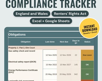 Rastreador de cumplimiento para propietarios en el Reino Unido / Fechas de seguridad del gas, EICR, EPC, depósito y Ley de derechos de los inquilinos (Google Sheets y Excel)