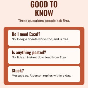 Good to know: you do not need Excel because Google Sheets works too, nothing is posted because it is an instant download, and a person replies to messages within a day.