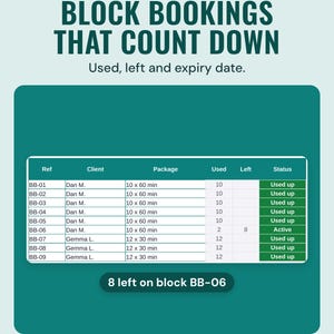 Block bookings with sessions used, left and Used up or Active status