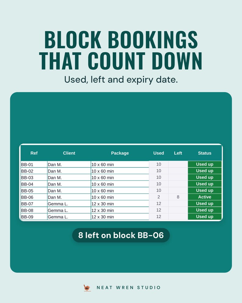 Block bookings with sessions used, left and Used up or Active status
