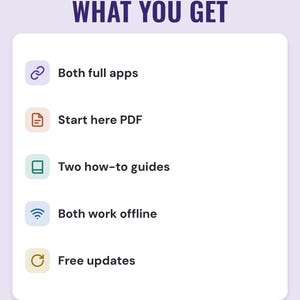 A white card under the headline What you get: both full apps, Start here PDF, two how-to guides, both work offline and free updates.