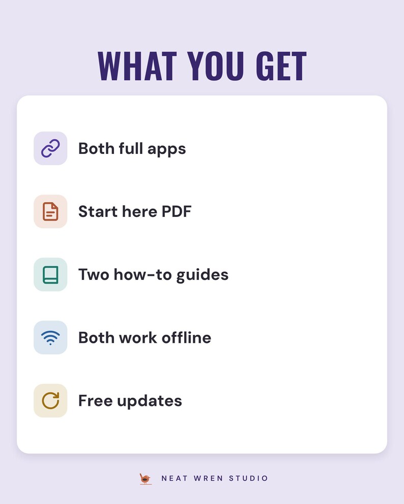 A white card under the headline What you get: both full apps, Start here PDF, two how-to guides, both work offline and free updates.