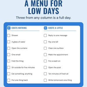 The low-energy menu with Costs nothing and Costs a little columns, such as shower and pay one bill, under the headline A menu for low days.