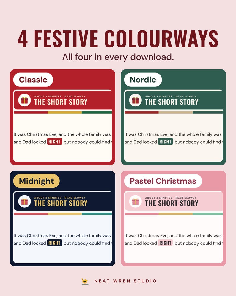 The short story page in four colourways, Classic, Nordic, Midnight and Pastel Christmas, under the headline 4 festive colourways.