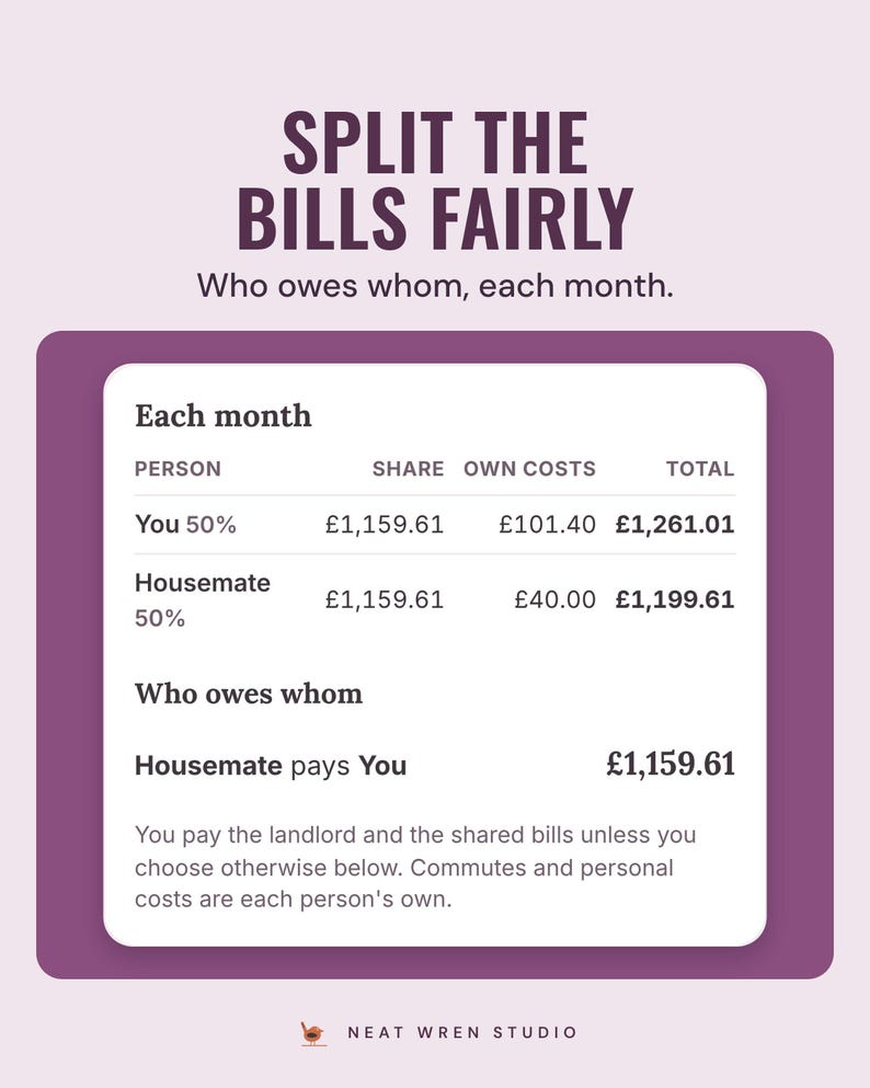 An app table splitting each month's costs between you and a housemate, and who owes whom, under the headline Split the bills fairly.
