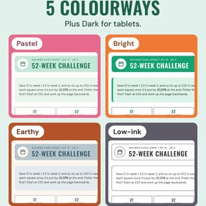 The 52-week challenge in four colourways: Pastel, Bright, Earthy and Low-ink.