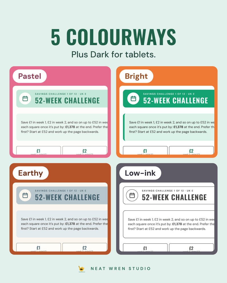 The 52-week challenge in four colourways: Pastel, Bright, Earthy and Low-ink.