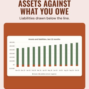 A bar chart of assets and liabilities over the last 12 months, with liabilities below the line, under the headline Assets against what you owe.