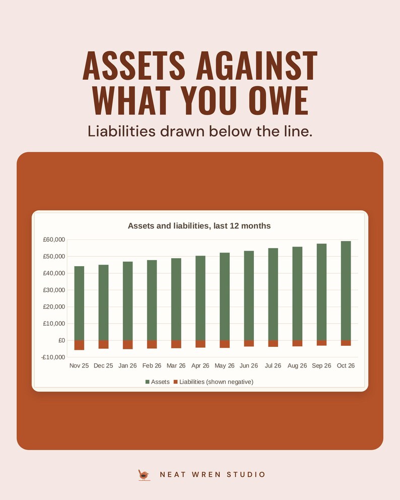 A bar chart of assets and liabilities over the last 12 months, with liabilities below the line, under the headline Assets against what you owe.