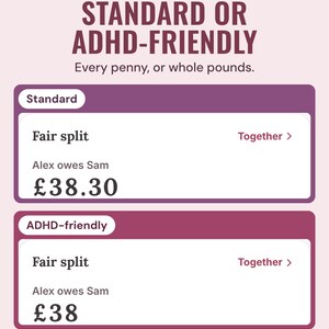 Standard and ADHD-friendly modes showing the fair split tile in pence and in whole pounds